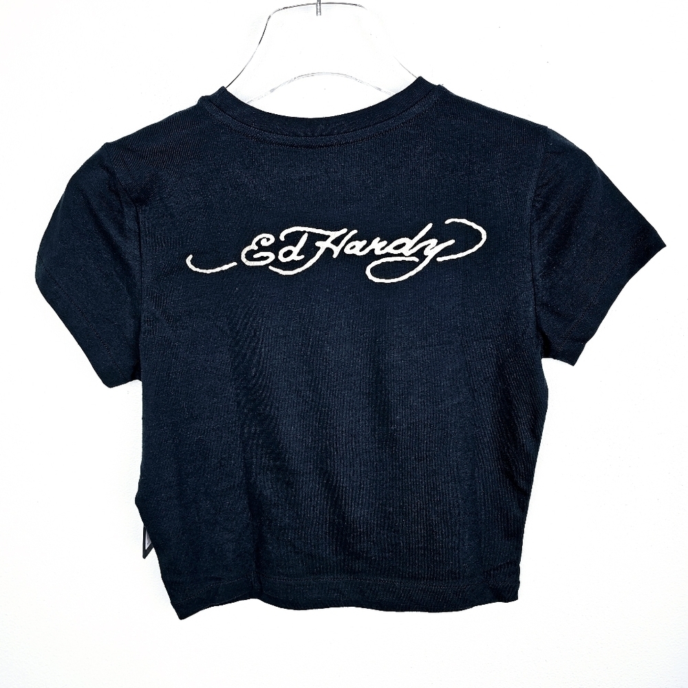 Ed Hardy Floral Cropped Baby Tee T-shirt Black NWT - Picture 2 of 7